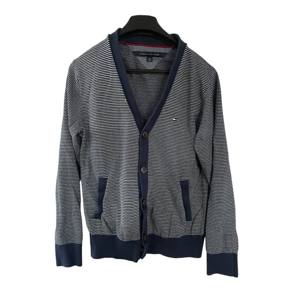 Tommy Hilfiger Sweater Adult Small Blue Cardigan Knit Pockets Striped Mens - Picture 4 of 12